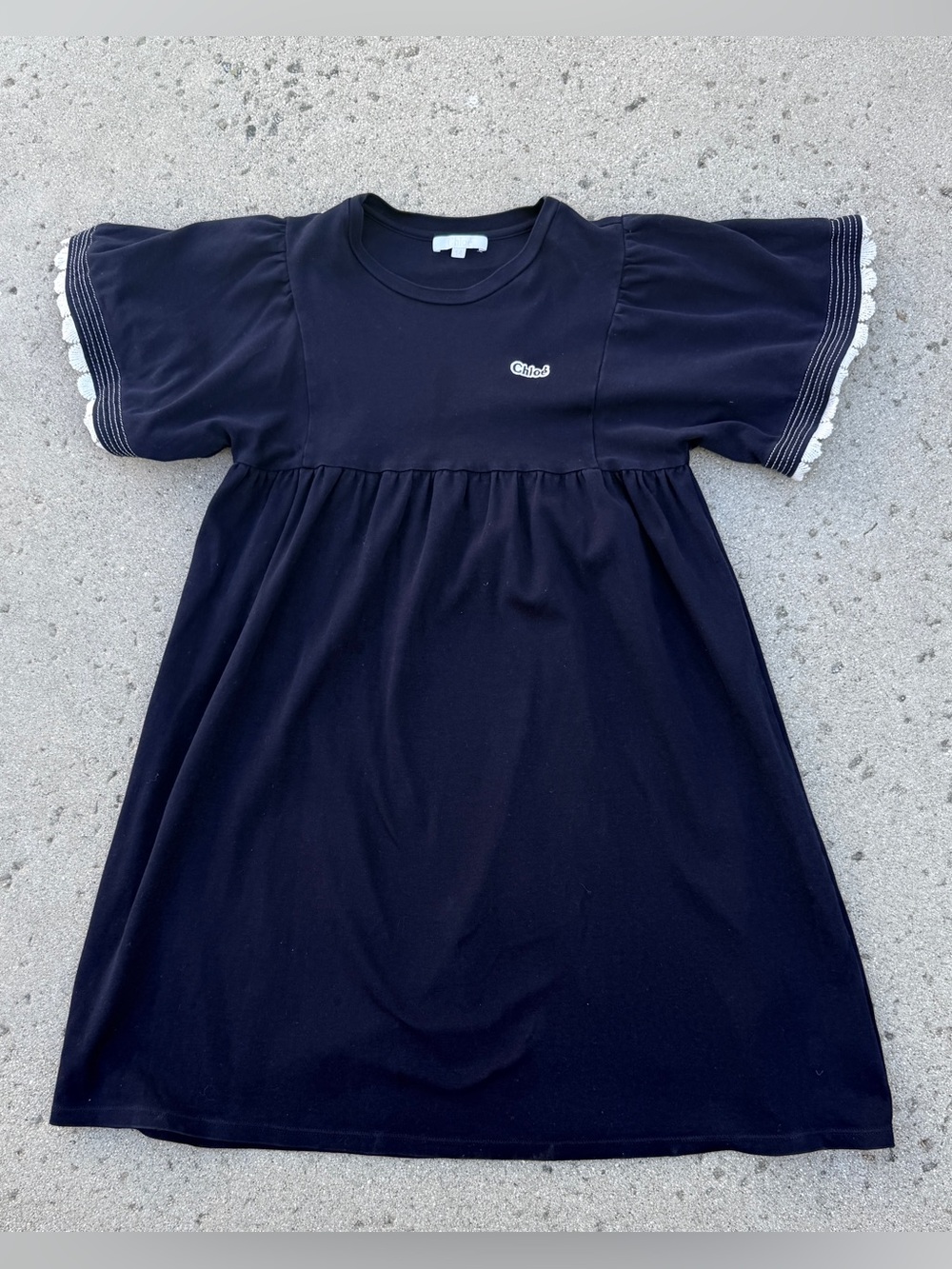 Chloe Girls' Navy Short Sleeve Dress with Trim - 14 Cotton